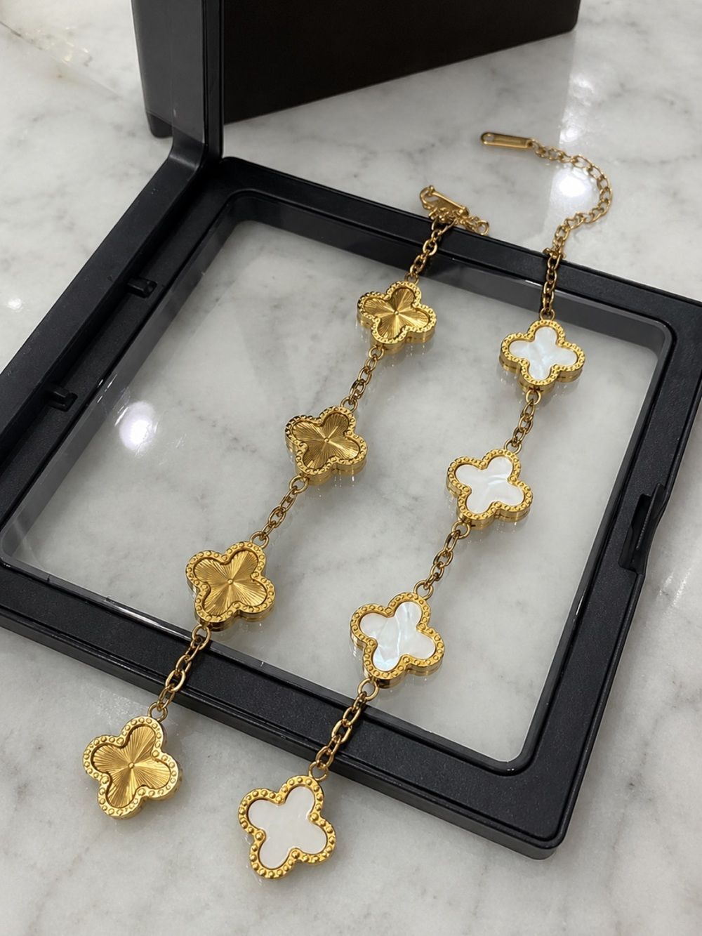 18K Gold Lucky Clover Bracelet Set White Enamel Dainty VC Alhambra Style Charm